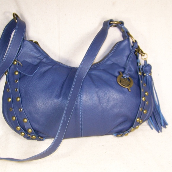 Born Handbags - Born Blue Leather Purse Adj Strap Fringe Tassel
